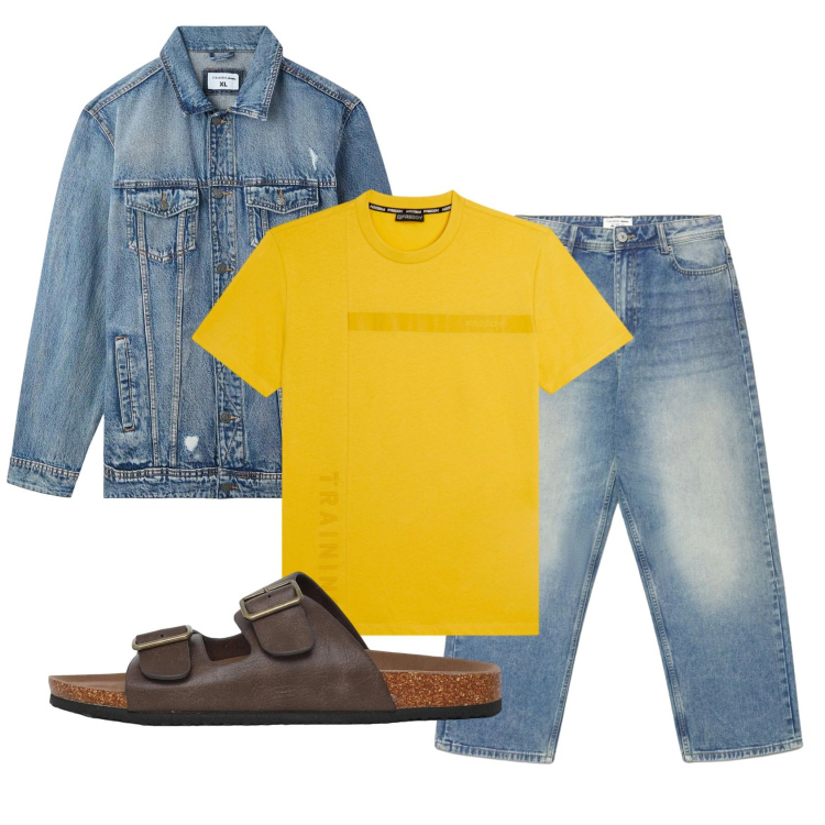Outfit uomo - Total look #2398105. Stile Casual per Tutti i giorni. Abbinamento con giacche, jeans dritti, sandali, t-shirt.