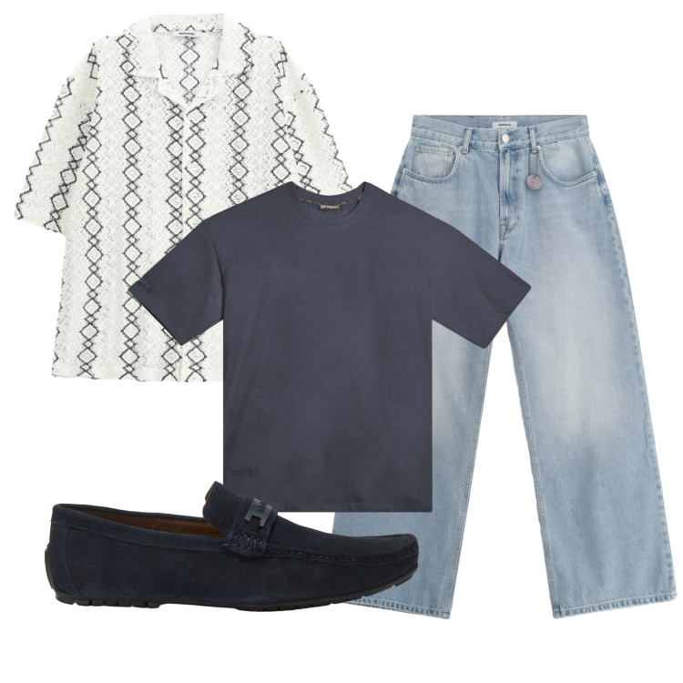 Outfit uomo - Total look #2398110. Stile Trendy per Serata speciale. Abbinamento con jeans, camicie a manica corta, scarpe stringate, t-shirt.