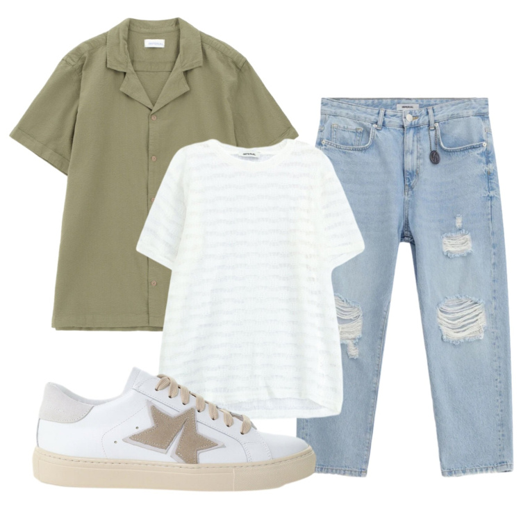 Outfit uomo - Total look #2398112. Stile Urban per Tutti i giorni. Abbinamento con camicie a manica corta, jeans strappati, sneakers, t-shirt.
