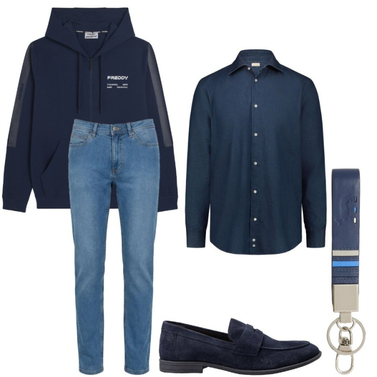 Outfit uomo - Total look #2398113. Stile Urban per Ufficio. Abbinamento con portachiavi, jeans, felpe con cappuccio, camicie, scarpe stringate.