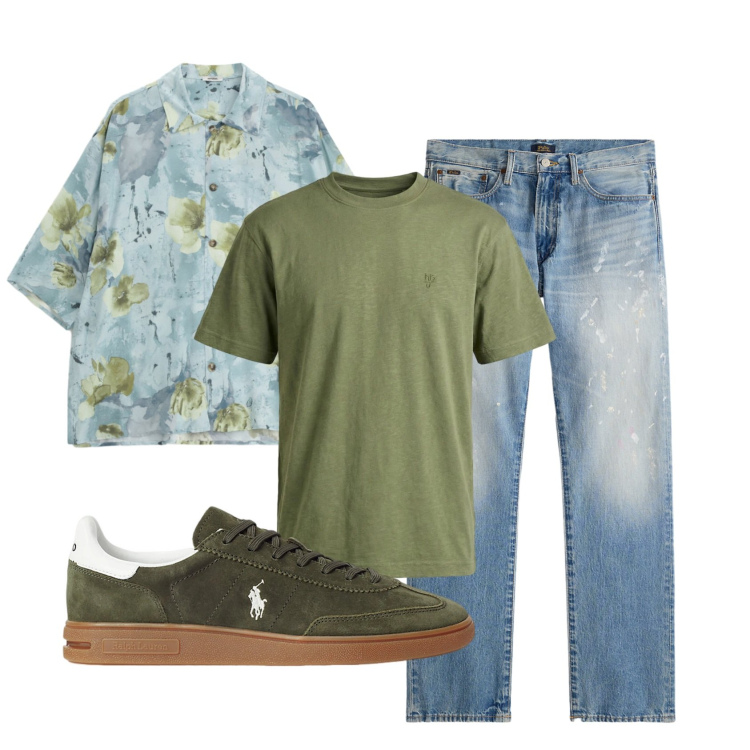 Outfit uomo - Total look #2398114. Stile Urban per Tutti i giorni. Abbinamento con t-shirt, camicie a manica corta, sneakers, jeans dritti.
