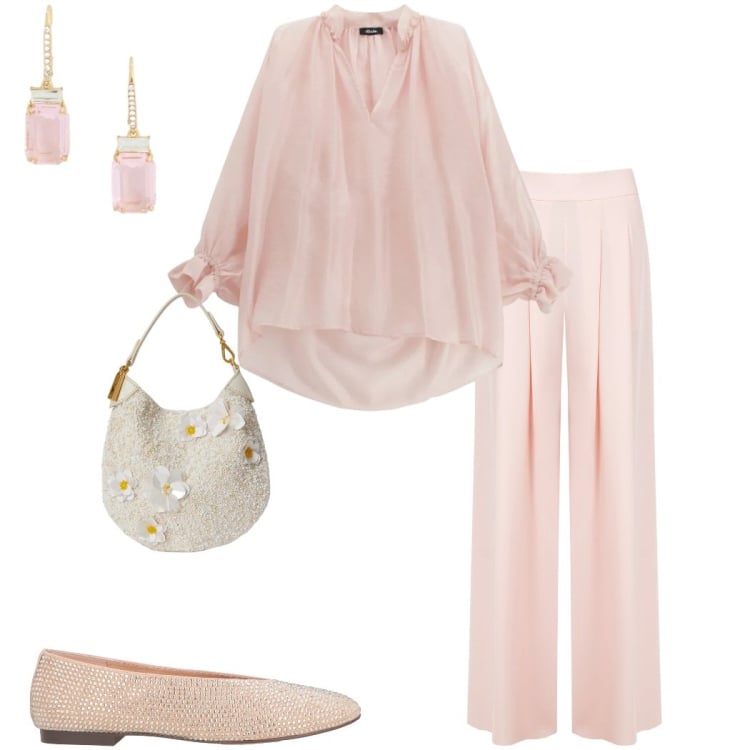 Outfit donna - Maggio in rosa. Stile Chic per Cerimonia. Abbinamento con ballerine, pantaloni a palazzo, bluse, pochette, orecchini.