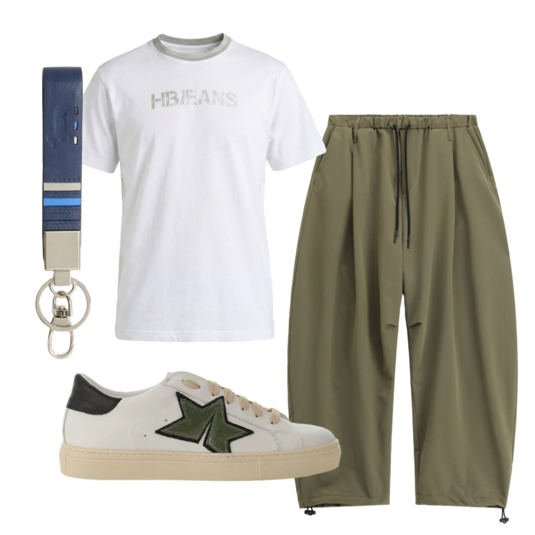 Outfit uomo - Total look #2398123. Stile Trendy per Tutti i giorni. Abbinamento con sneakers, pantaloni, portachiavi, t-shirt.