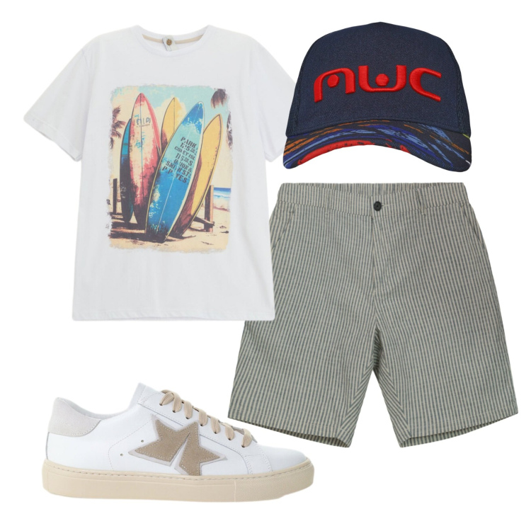 Outfit uomo - Total look #2398125. Stile Casual per Tutti i giorni. Abbinamento con cappelli con visiera, t-shirt, sneakers, bermuda.