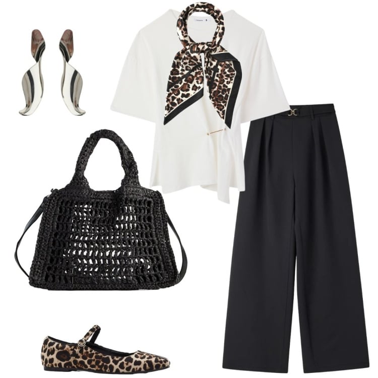 Outfit donna - A maggio con un foulard. Stile Casual chic per Tutti i giorni. Abbinamento con ballerine, borse a tracolla, pantaloni, foulard, t-shirt, orecchini.