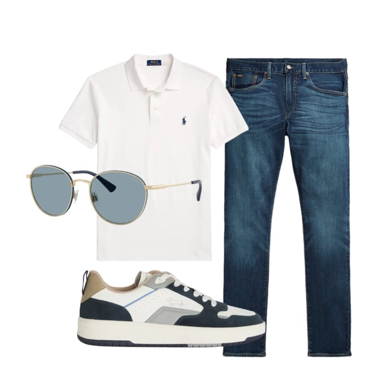 Outfit uomo - Total look #2398128. Stile Casual per Tutti i giorni. Abbinamento con sneakers, jeans, polo, occhiali da sole.