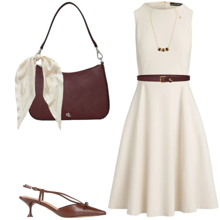 Outfit donna - Maggio con un foulard. Stile Bon Ton per Serata fuori. Abbinamento con décolleté, collane, vestiti corti, borse a spalla, cinture, foulard.