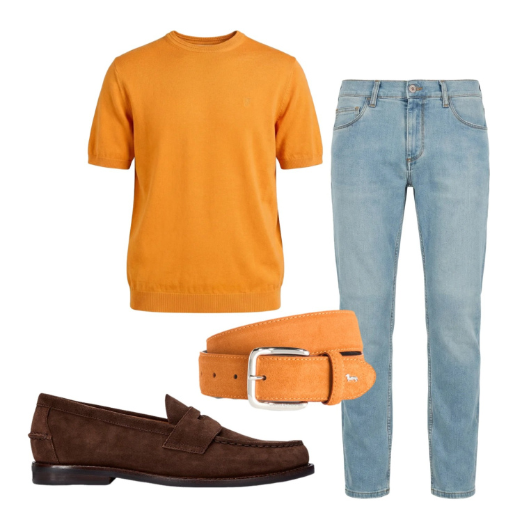 Outfit uomo - Total look #2398138. Stile Business/Elegante per Ufficio. Abbinamento con jeans slim fit, cinture, t-shirt, scarpe stringate.