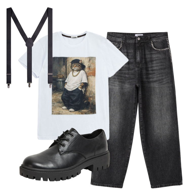 Outfit uomo - Total look #2398140. Stile Biker Rock per Tutti i giorni. Abbinamento con jeans, scarpe stringate, t-shirt, bretelle.