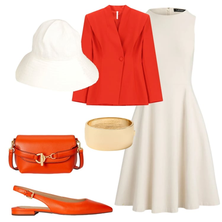 Outfit donna - Dettagli rosso arancio. Stile Bon Ton per Tutti i giorni. Abbinamento con cappelli, blazer, borse a tracolla, braccialetti, ballerine, vestiti corti.