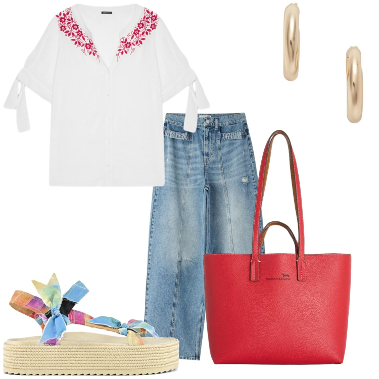 Outfit donna - Casual country. Stile Casual per Tutti i giorni. Abbinamento con jeans, shopping bag, bluse, orecchini, sandali.