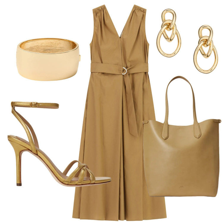 Outfit donna - Total look #2398147. Stile Minimal per Cerimonia. Abbinamento con vestiti midi/longuette, borse tote, orecchini, braccialetti, sandali in pelle.