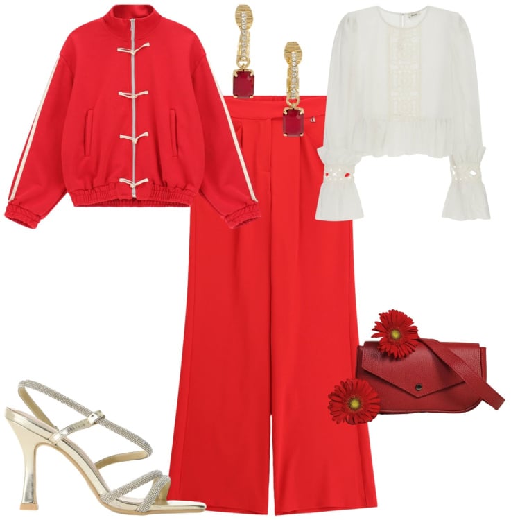 Outfit donna - Chic rosso bianco oro. Stile Chic per Serata fuori. Abbinamento con sandali col tacco, felpe, borse a tracolla, bluse, pantaloni a palazzo, orecchini.