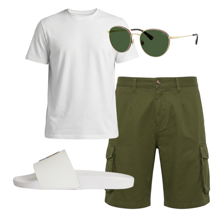 Outfit uomo - Total look #2398152. Stile Casual per Tutti i giorni. Abbinamento con t-shirt, bermuda, occhiali da sole, sandali.