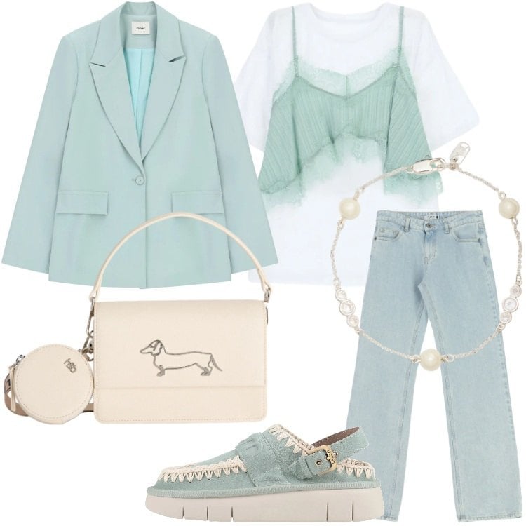 Outfit donna - Look da aperitivo primaverile. Stile Trendy per Tutti i giorni. Abbinamento con décolleté, borse a tracolla, jeans dritti, blazer, t-shirt, braccialetti.
