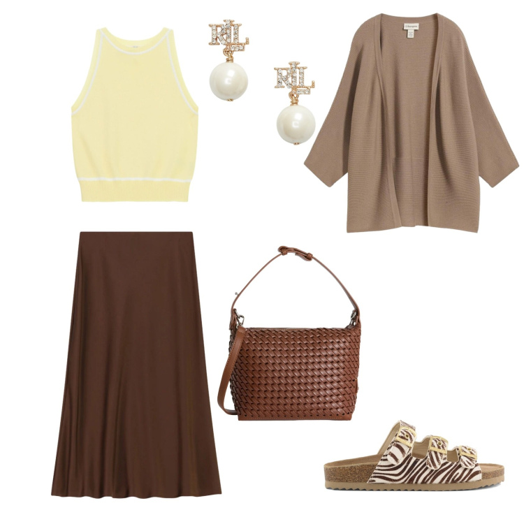 Outfit donna - Total look #2398157. Stile Casual per Tutti i giorni. Abbinamento con cardigans, borse a spalla, gonne longuette, top, orecchini, sandali in pelle.