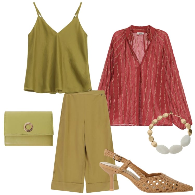 Outfit donna - Aperispritz. Stile Casual chic per Serata fuori. Abbinamento con portafogli, décolleté, collane, top, camicie, pantaloni a palazzo.