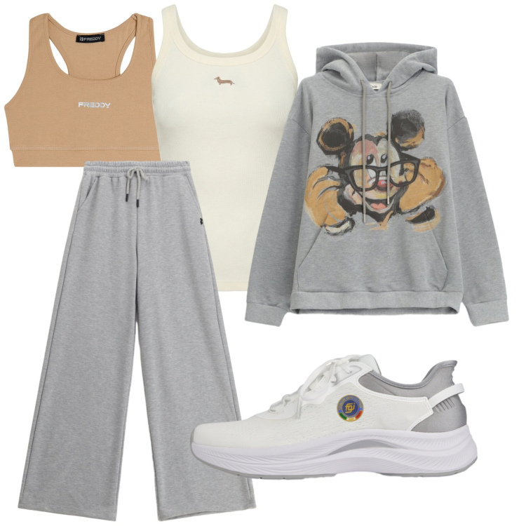 Outfit donna - Comodamente. Stile Sporty chic per Tutti i giorni. Abbinamento con canottiere, pantaloni, felpe con cappuccio, scarpe sportive, top sportivi.