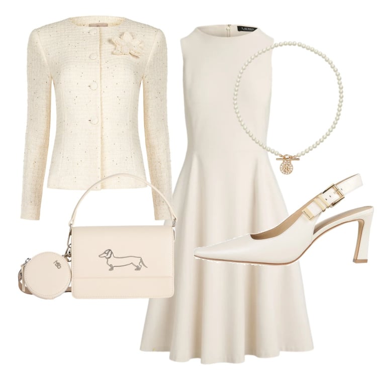 Outfit donna - Total look #2398168. Stile Bon Ton per Cerimonia. Abbinamento con décolleté, borse a tracolla, blazer, vestiti corti, ciondoli.