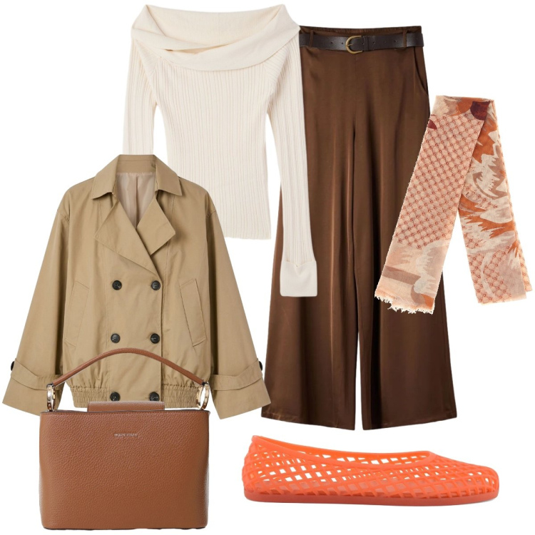 Outfit donna - In ufficio. Stile Trendy per Ufficio. Abbinamento con maglieria, trench, pantaloni, borse a secchiello, ballerine, foulard.