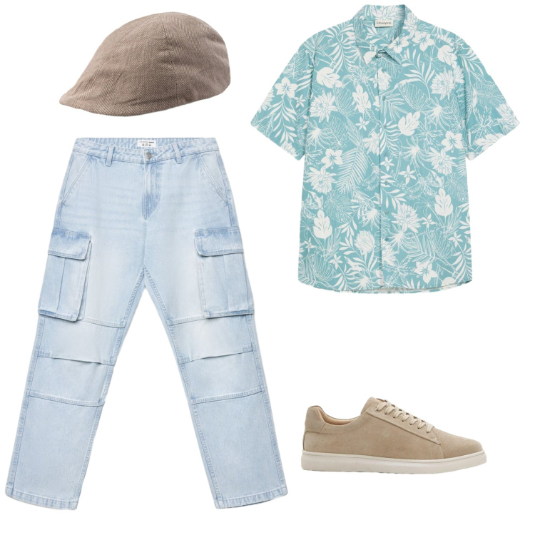 Outfit uomo - Tropical Urban Mood. Stile Casual per Mare. Abbinamento con camicie a manica corta, sneakers, jeans, cappelli e berretti.