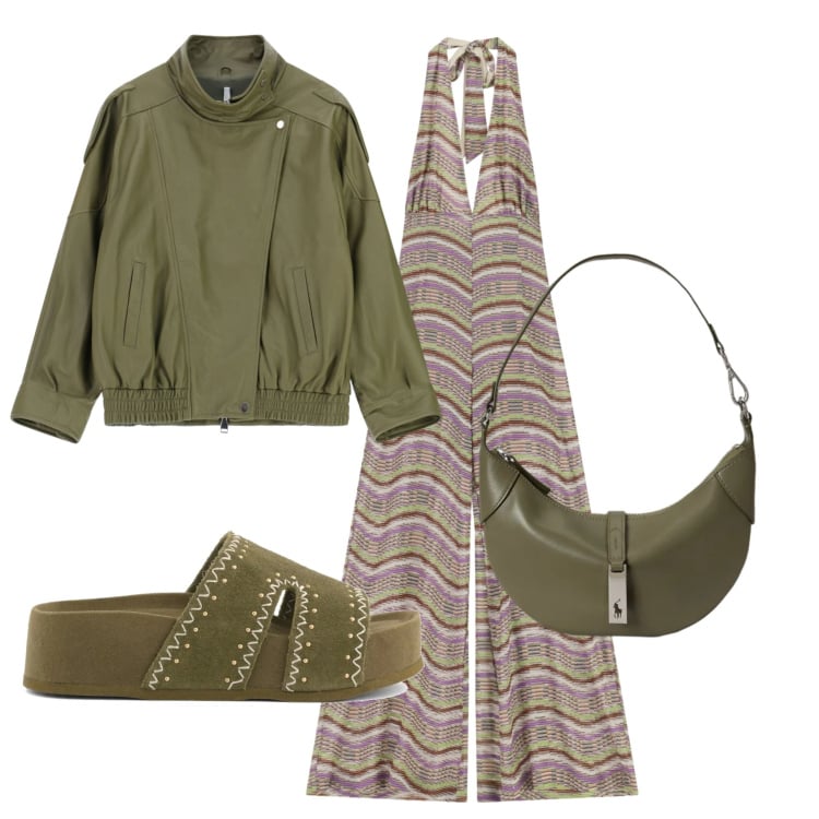 Outfit donna - Serata di maggio. Stile 70s per Tutti i giorni. Abbinamento con giacche, tute, borse a spalla, ciabatte.