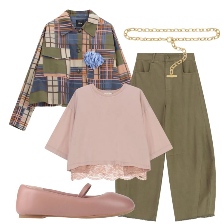 Outfit donna - Total look #2398174. Stile Vintage retrò per Tutti i giorni. Abbinamento con ballerine, pantaloni a palazzo, top, blazer, cinture.