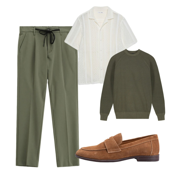 Outfit uomo - Eleganza easy. Stile Trendy per Serata speciale. Abbinamento con camicie a manica corta, pantaloni, maglieria, scarpe stringate.