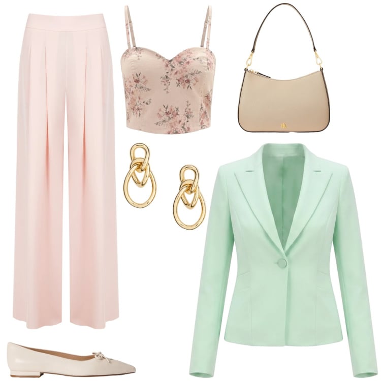 Outfit donna - Elegante raffinata. per Cerimonia. look ideale per Tall. Abbinamento con canottiere, pantaloni a palazzo, blazer, borse a spalla, orecchini, ballerine.