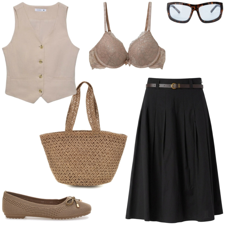 Outfit donna - Weekend in campagna. Stile Minimal per Tutti i giorni. Abbinamento con reggiseni push-up, gilet, gonne longuette, occhiali da sole, ballerine, borse a spalla.