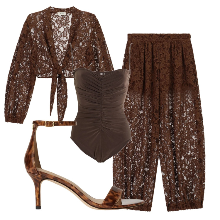 Outfit donna - Total look #2398182. Stile Trendy per Serata fuori. Abbinamento con body, pantaloni a palazzo, camicie, sandali in pelle.