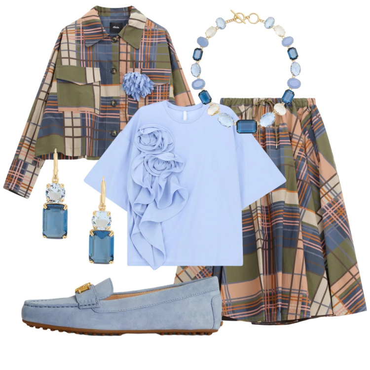 Outfit donna - Total look #2398183. Stile Glamour per Cerimonia. Abbinamento con t-shirt, gonne lunghe, blazer, orecchini, collane, mocassini.
