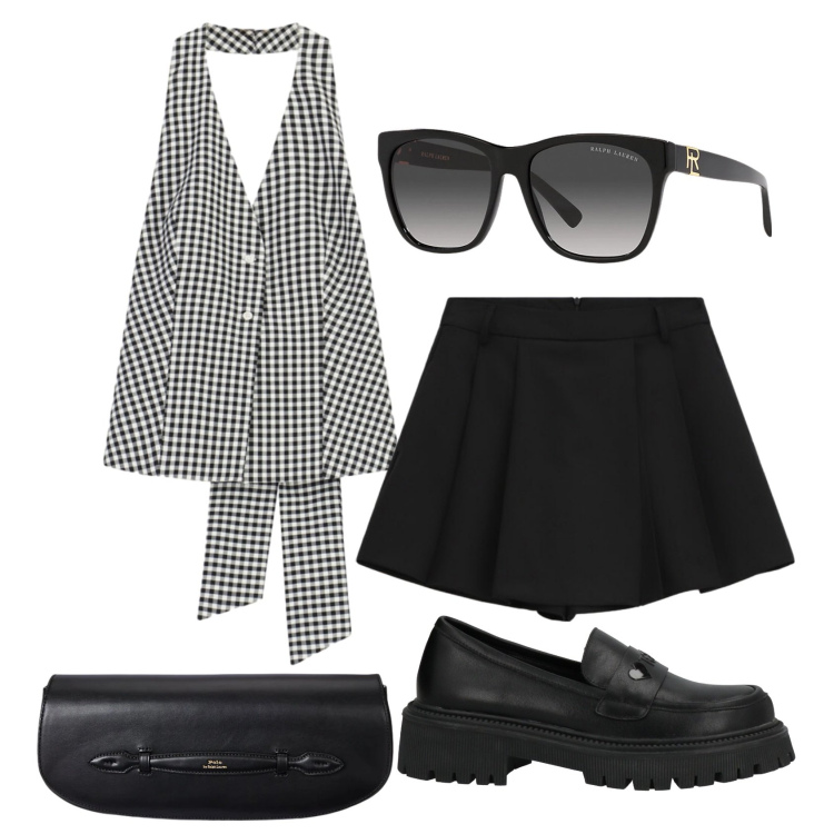 Outfit donna - Total look #2398184. Stile Preppy per Serata fuori. Abbinamento con mocassini, shorts, top, occhiali da sole, clutch.