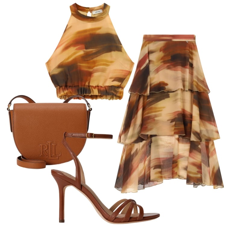 Outfit donna - Total look #2398188. Stile Chic per Serata fuori. Abbinamento con top, gonne lunghe, borse a tracolla, sandali in pelle.