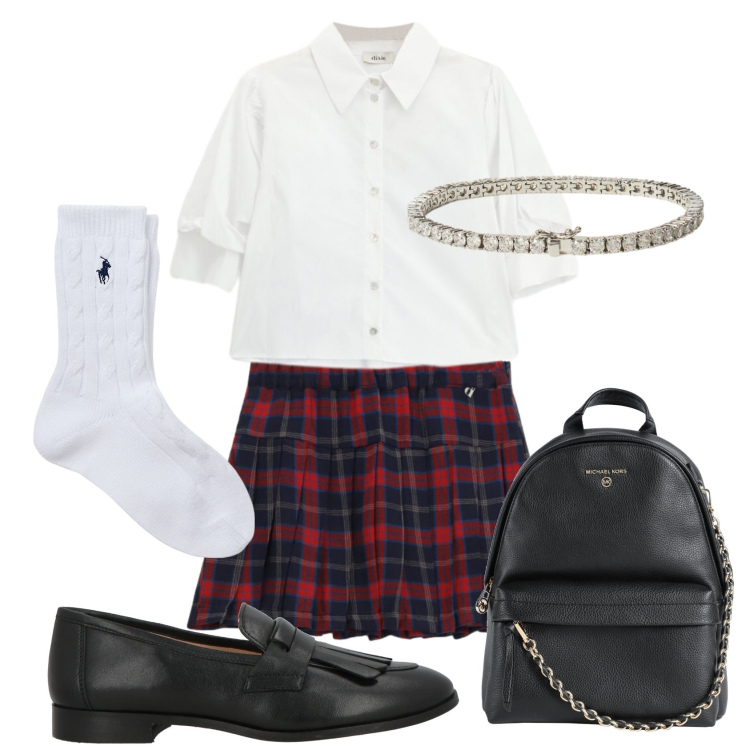 Outfit donna - Colegiala. Stile Preppy per Scuola/Università. Abbinamento con zaini, mocassini, minigonne, camicie, calzini, braccialetti.