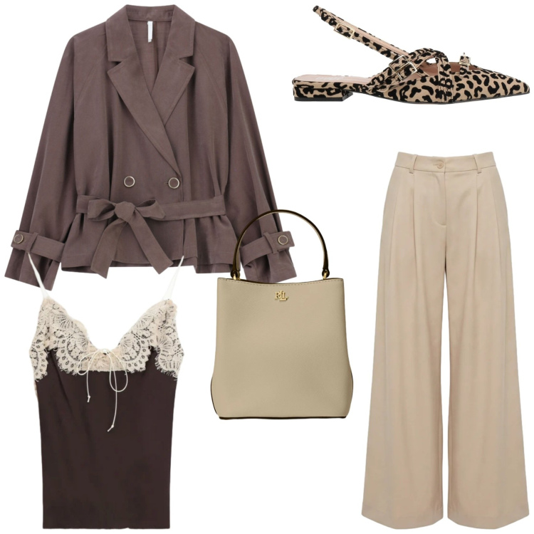 Outfit donna - Trench e ballerine animalier. Stile Chic per Tutti i giorni. Abbinamento con ballerine, pantaloni, blazer, top, borse a secchiello.