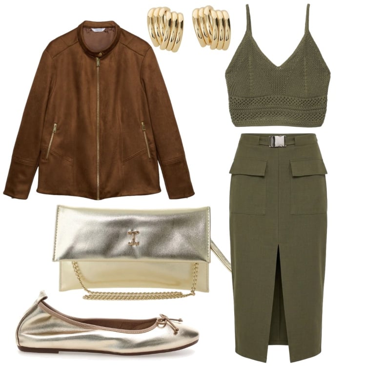 Outfit donna - Le ballerine dorate. Stile Bon Ton per Serata fuori. Abbinamento con giacche, gonne longuette, canottiere, borse a tracolla, orecchini, ballerine.