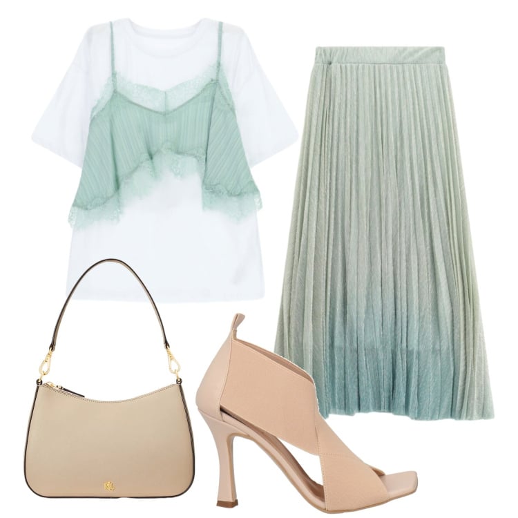 Outfit donna - Total look #2398194. Stile Glamour per Cerimonia. Abbinamento con sandali in pelle, gonne lunghe, t-shirt, borse a spalla.