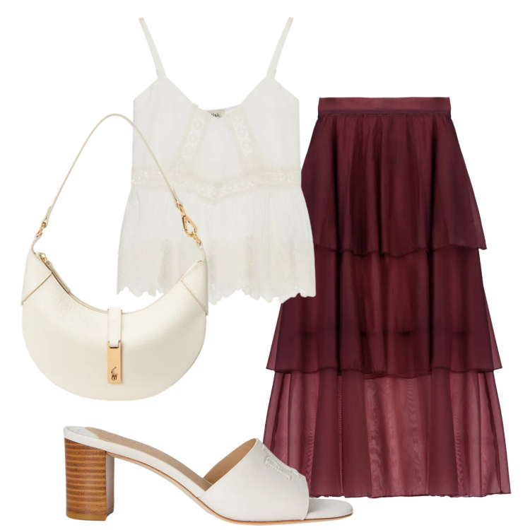 Outfit donna - Total look #2398197. Stile Boho per Cerimonia. Abbinamento con gonne lunghe, top, sandali in pelle, borse a spalla.