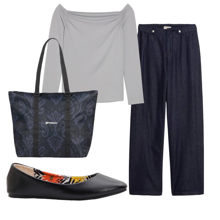 Outfit donna - Total look #2398198. Stile Basic per Ufficio. Abbinamento con ballerine, maglieria, jeans dritti, shopping bag.