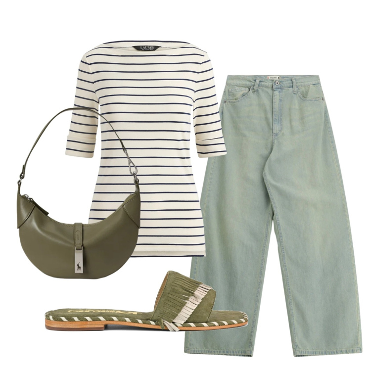Outfit donna - Total look #2398204. Stile Casual per Tutti i giorni. Abbinamento con jeans, t-shirt, borse a spalla, ciabatte.