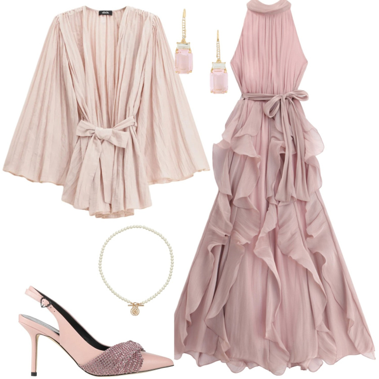 Outfit donna - Serata da principessa cerimonia evento. Stile Romantica per Serata fuori. Abbinamento con décolleté, blazer, vestiti lunghi, ciondoli, orecchini.