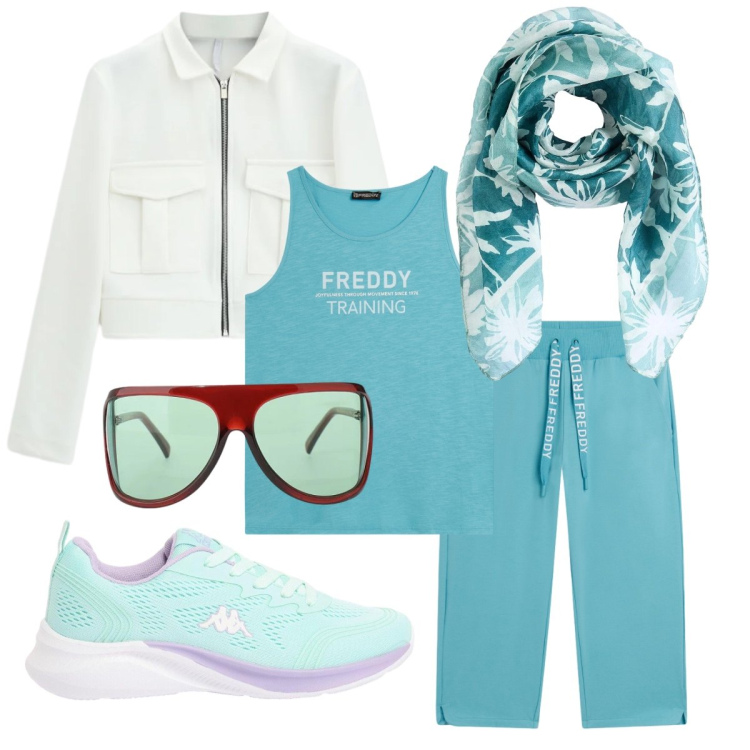 Outfit donna - Al parco. Stile Urban per Tutti i giorni. Abbinamento con sneakers, foulard, cappotti, occhiali da sole, pantaloni, canottiere.