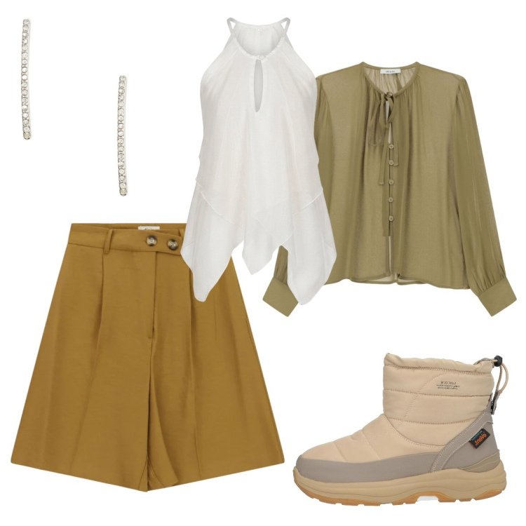 Outfit donna - Aperitivo trendy. Stile Trendy per Serata fuori. Abbinamento con stivaletti, canottiere, camicie, bermuda, orecchini.