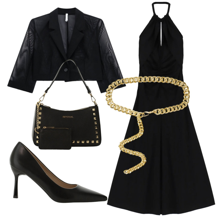 Outfit donna - Total look #2398222. Stile Chic per Serata fuori. Abbinamento con vestiti lunghi, décolleté, borse a spalla, blazer, cinture.