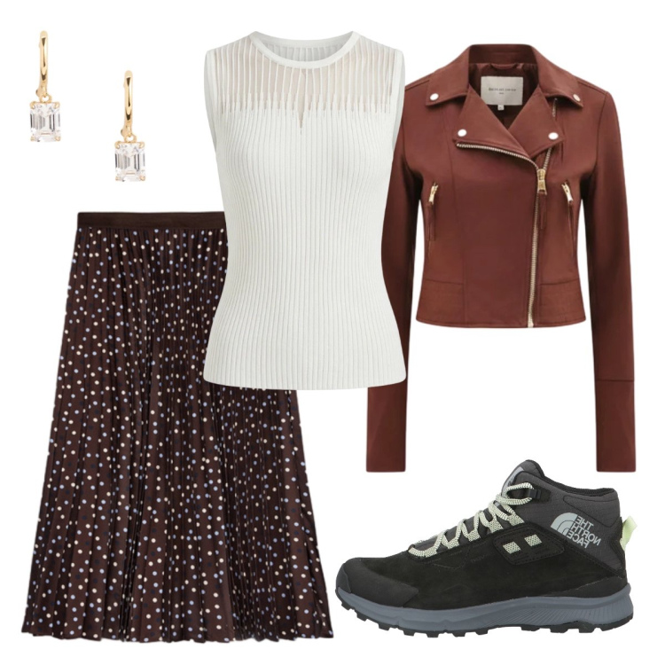Outfit donna - Look da aperitivo primaverile. Stile Trendy per Serata fuori. Abbinamento con stivaletti, giacche, canottiere, gonne lunghe, orecchini.
