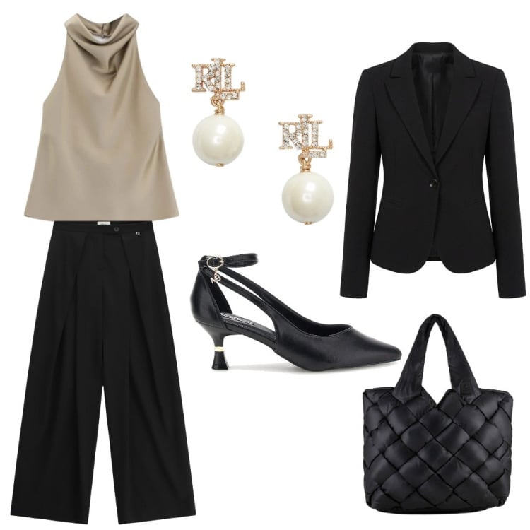 Outfit donna - Semplice. Stile Chic per Cerimonia. Abbinamento con top, blazer, pantaloni a palazzo, borse tote, orecchini, décolleté.