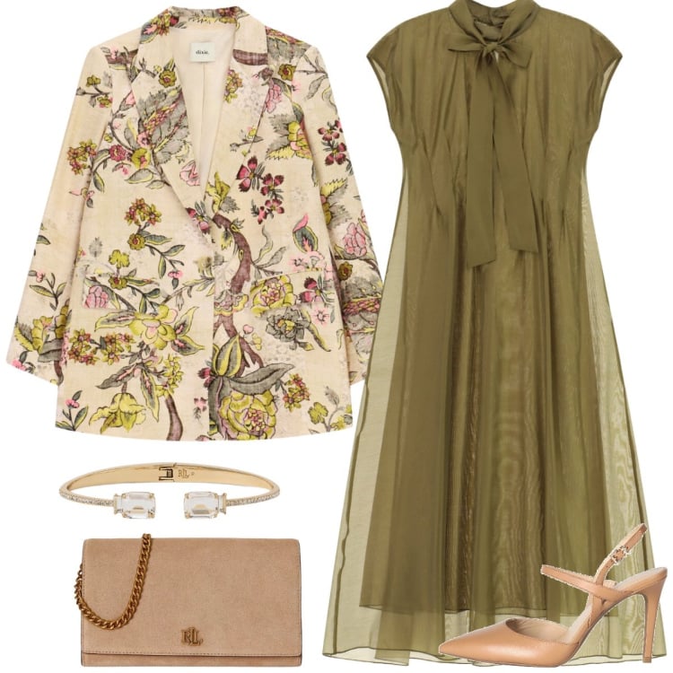 Outfit donna - Cerimonia. Stile Romantica per Cerimonia. Abbinamento con décolleté, blazer, vestiti lunghi, braccialetti, borse a tracolla.