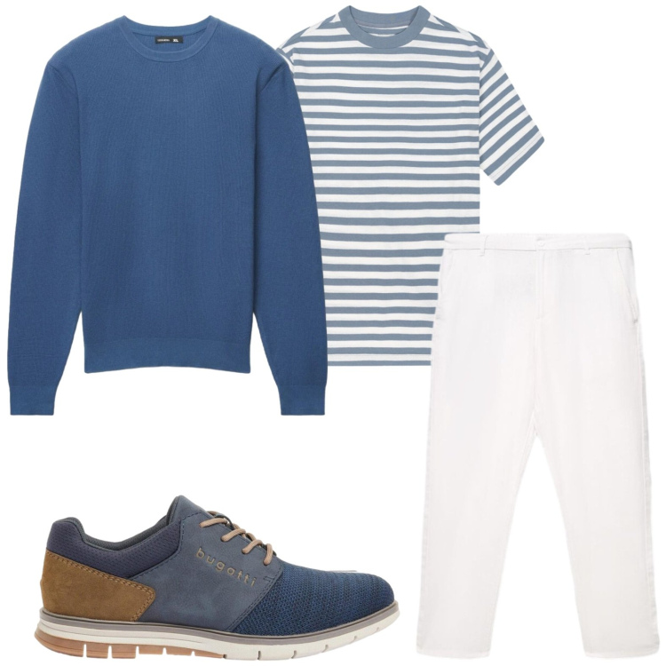 Outfit uomo - Stile marino. Stile Trendy per Tutti i giorni. Abbinamento con scarpe stringate, maglieria, pantaloni, t-shirt.