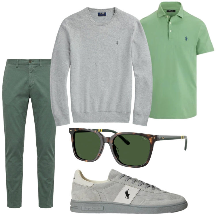 Outfit uomo - Occasione informale. Stile Urban per Tutti i giorni. Abbinamento con pantaloni chino, maglieria, polo, sneakers, occhiali da sole.